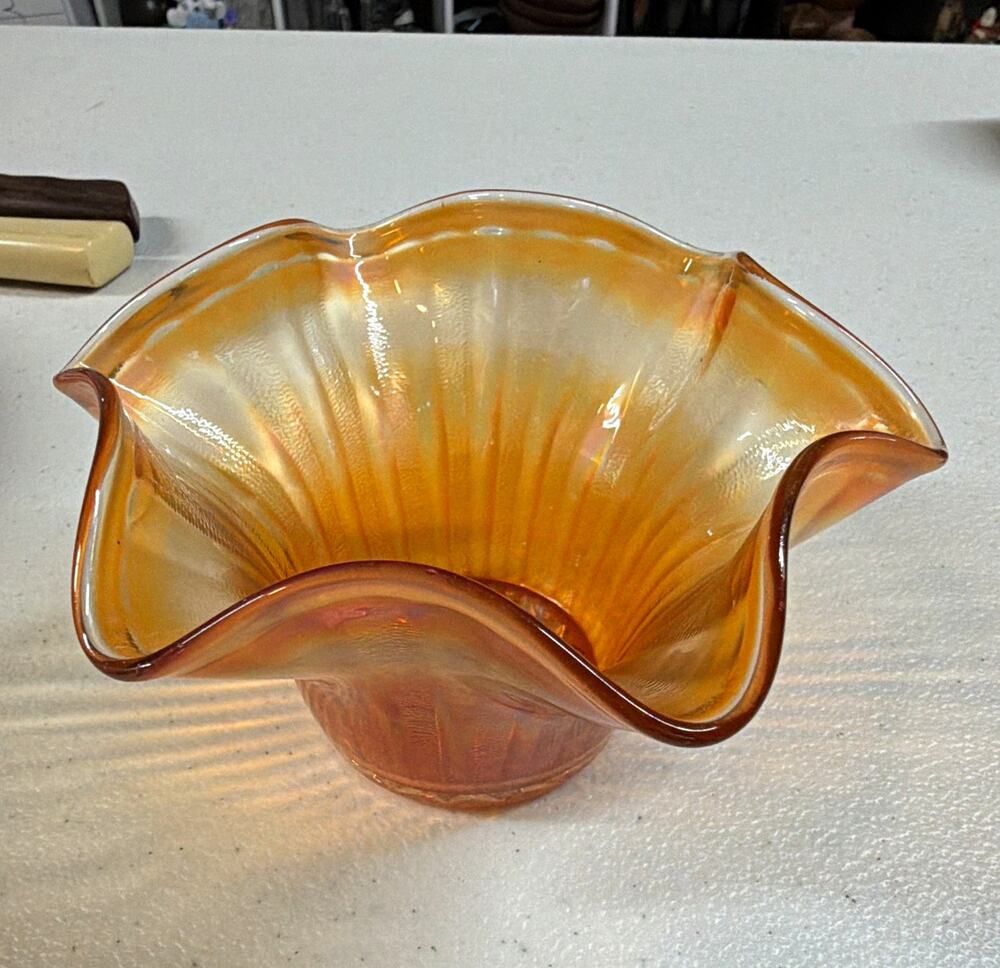 Amber Iridescent Carnival Glass Ruffled Bowl Starburst Base 5" W x 3" H